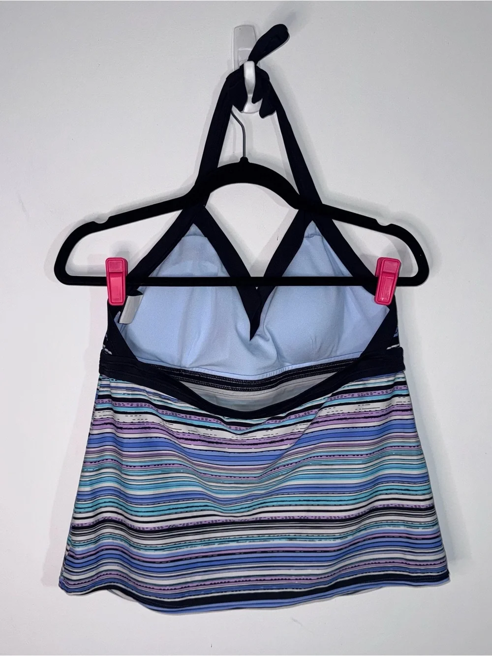 Nike Swim Tankini Top Blue Purple Striped Halter Shelf Bra Size Large 14